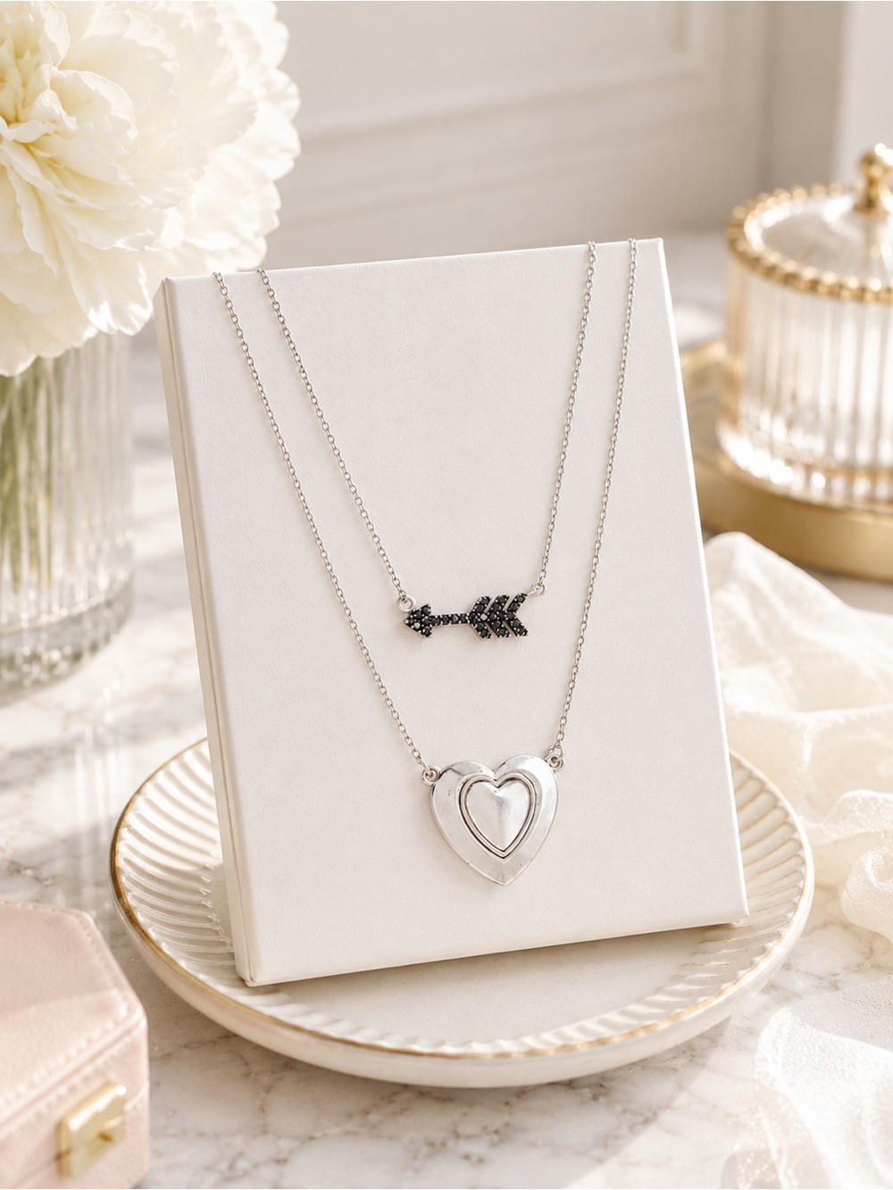 Lucky Brand Silver Layered Heart Arrow Necklace Crystal Accent 17" + Ext NWT